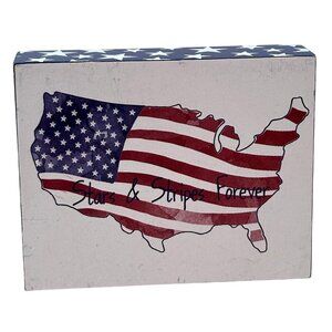 Patriotic Wooden Block Sign 4in USA Map Stars Stripes Shelf Decor Americana USA